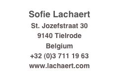 Sofie Lachaert
St. Jozefstraat 30
9140 Tielrode
Belgium
+32 (0)3 711 19 63
www.lachaert.com